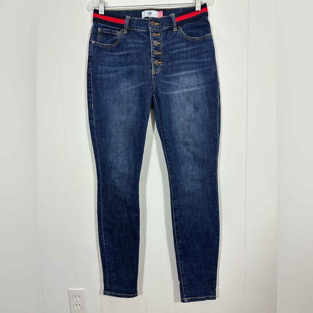 Cabi Dark Wash Mid Rise Button Fly Stretch Skinny Jeans Size 6 Elastic Waist